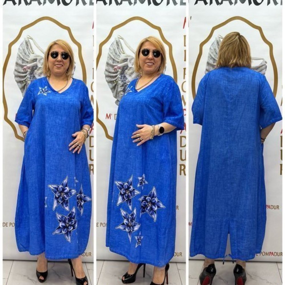 New Designer blue cotton dress rhinestones flowers lightweight maxi large sizes